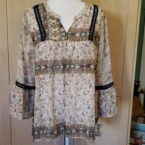 Style & Co Earth tones semi-sheer boho blouse. NWT
